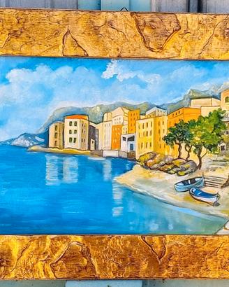 Quadro con paesaggio Amalfitano dipinto a mano.