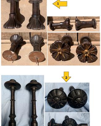 Reggi tenda legno scolpito intarsio rosone 1800