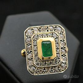 ANELLO VINTAGE ORO 14KT SMERALDO 0.65CT E DIAMANTI