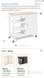 COSTWAY Carrello da Cucina con Ruote NUOVO