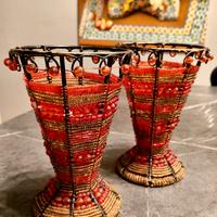 Portacandele in perline rosse e oro-fatto a mano