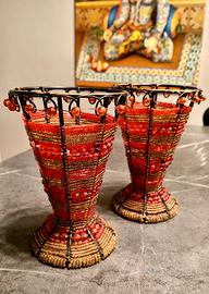 Portacandele in perline rosse e oro-fatto a mano