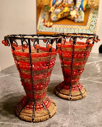 Portacandele in perline rosse e oro-fatto a mano