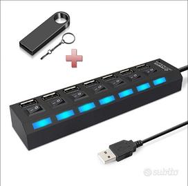 Multipresa Usb 2.0 a 7 Porte + Chiavetta Usb da 64