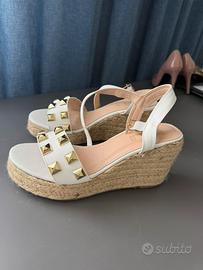 Sandali Zeppa Espadrilles Bianchi Vera Pelle Tg.40