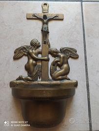 Acquasantiera Vintage in Ottone Croce Angeli