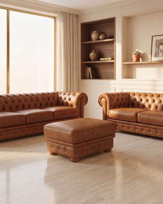 Divani Chester 3+2 posti e pouff in pelle vintage