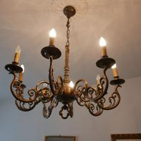Lampadario a 6 luci in ottone con bracci ricurvi