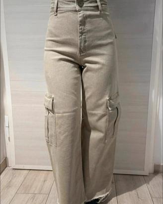 Zara Pantalone Jeans Cargo Gamba Ampia Cachi  XS