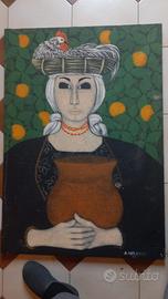 Quadro firmato A. Marinucci donna con gallina