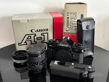 Canon A1 full kit: 50mm macro + winder A + tubo FD