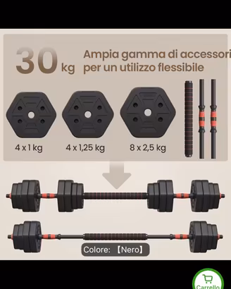 Set pesi 30 kg regolabili + manubri e bilanciere
