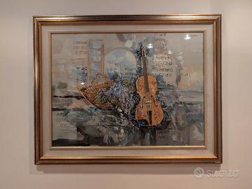 Elegante Quadro Natura Morta con Violino e Fiori