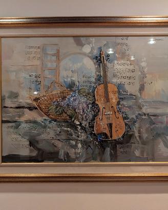 Elegante Quadro Natura Morta con Violino e Fiori