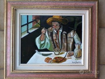 Dipinto a Olio Il Mangiafagioli Cornice Legno