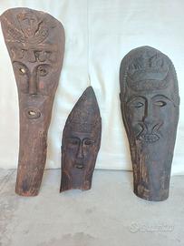 Set 3 Maschere Etniche in Legno Intagliato a Mano