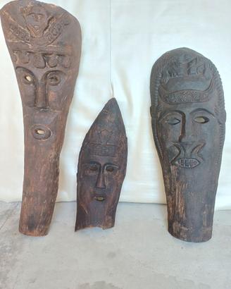 Set 3 Maschere Etniche in Legno Intagliato a Mano