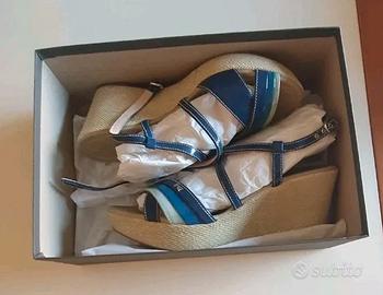 NERO GIARDINI SANDALI DONNA ZEPPA PELLE BLU/BEIGE