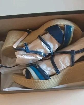 NERO GIARDINI SANDALI DONNA ZEPPA PELLE BLU/BEIGE
