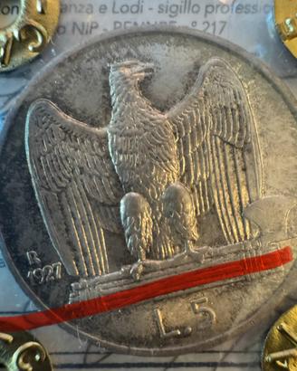 5 lire Aquilino 1927 periziata FDC con patina