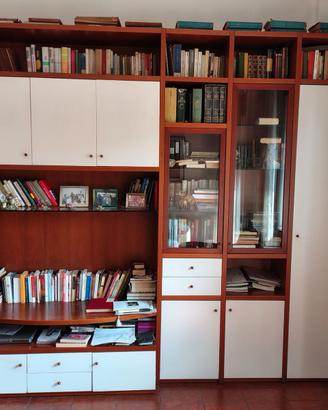 Libreria vintage in legno con ante e vetrine