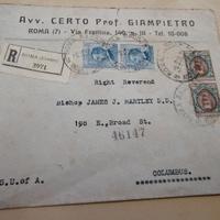 Busta Raccomandata 1926 ROMA per USA (Vescovo Colu