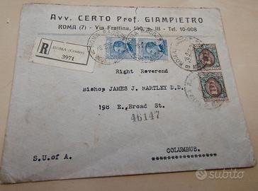 Busta Raccomandata 1926 ROMA per USA (Vescovo Colu
