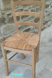 8 sedie rustiche in legno e paglia