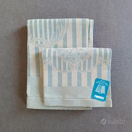 Set 2 Asciugamani Lino Cotone Azzurro Bianco
