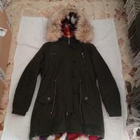 Parka verde multicolore  con zip e cappuccio donna