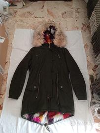 Parka verde multicolore  con zip e cappuccio donna