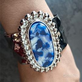 Maxi bracciale cuff argento pietra blu marmo