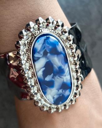 Maxi bracciale cuff argento pietra blu marmo
