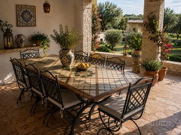 Tavolo in marmo e ferro battuto, 8 posti, masseria