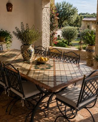 Tavolo in marmo e ferro battuto, 8 posti, masseria