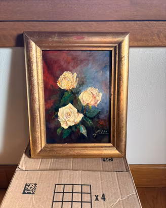 Olio su tavola floreale con cornice, firmato
