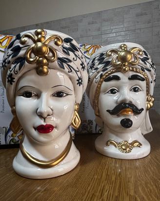 Coppia Teste di moro in ceramica Bianco, nero ,oro