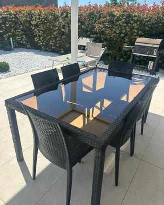 Tavolo in Vetro e 6 Sedie in Rattan Sintetico