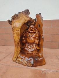 Statua Radice di Buddha Legno Teak Laccato Indiano