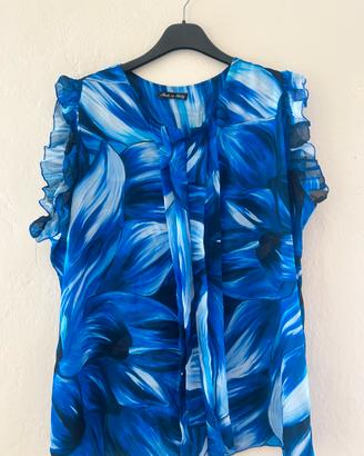 Blusa fluido floreale blu Made in Italy oversive