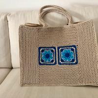 Borsa shopper in juta nuova rivestita ad uncinetto