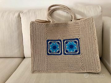 Borsa shopper in juta nuova rivestita ad uncinetto