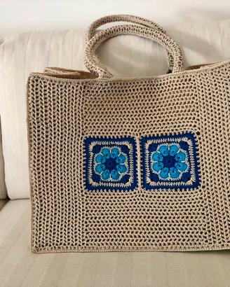 Borsa shopper in juta nuova rivestita ad uncinetto