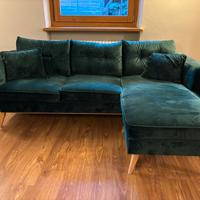 Divano con penisola in velluto verde