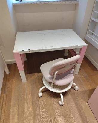 Scrivania Ikea con poltrona a rotelle bambina.