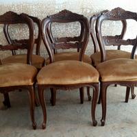 6 sedie in stile imbottite in legno intagliato