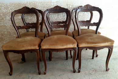 6 sedie in stile imbottite in legno intagliato