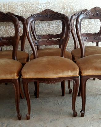 6 sedie in stile imbottite in legno intagliato