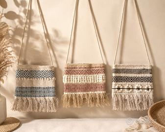 Borsa tracolla boho in cotone con frange, 3 colori