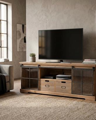 Porta TV Stile Industrial 160cm Legno Vetro 2 Ante